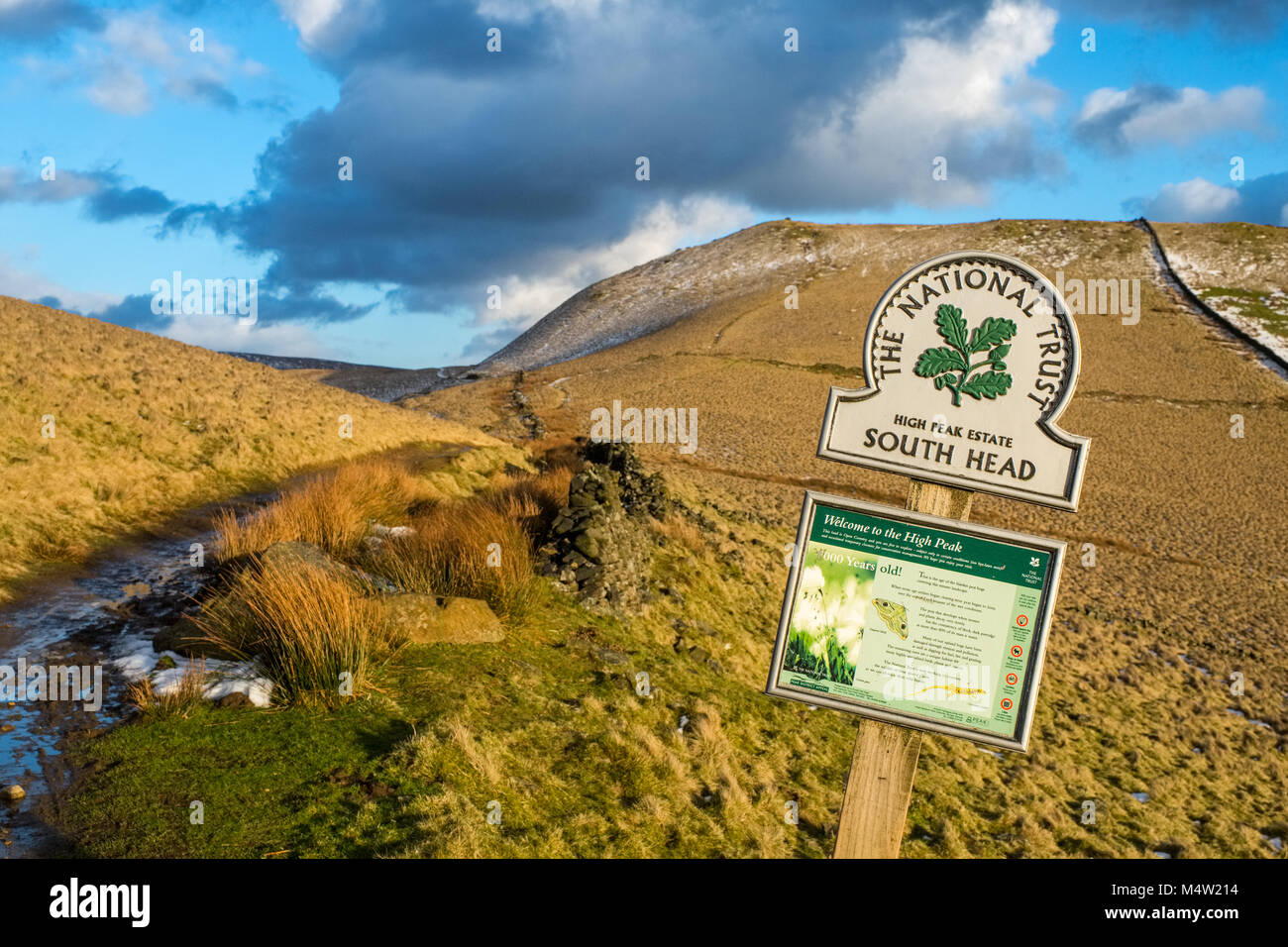 The National Trust sign at South Head in the Peak District National Park, on the Pennine Bridleway Stock Photo