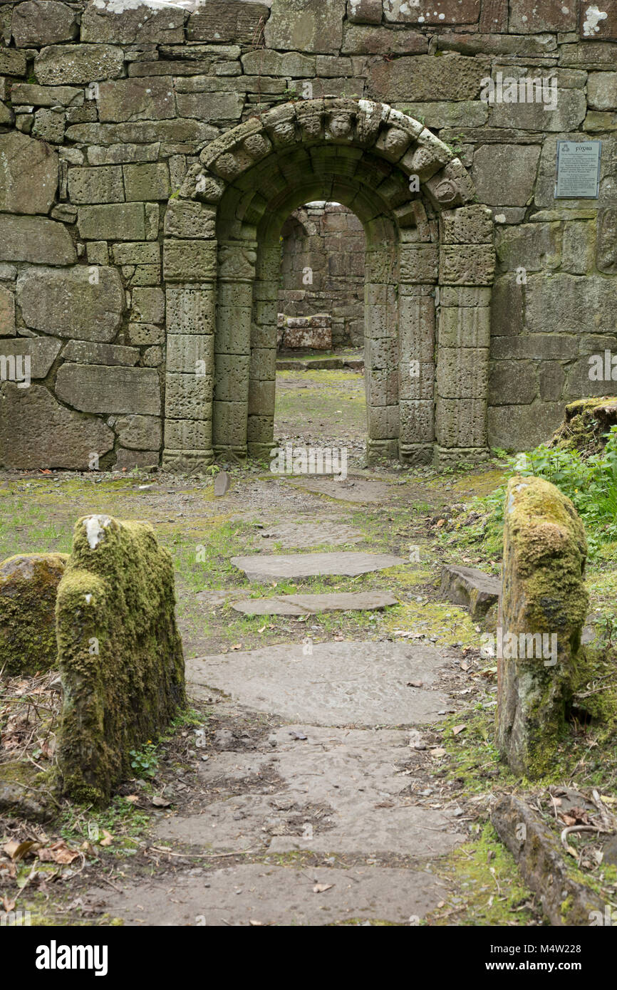 Carved Romanesque doorway of Church of the Saints, Inchagoill Island, Lough Corrib, County Galway, Ireland. Stock Photo