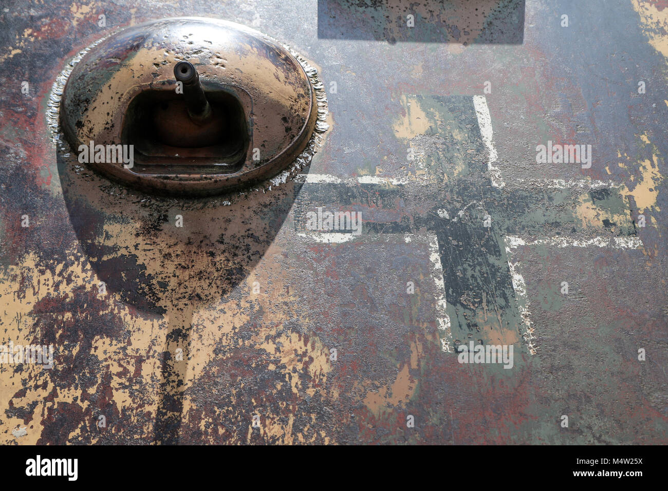 A detail picture of the German World War II tank Panther standing as a memorial in Belgium. The marking is visible and also the gun. Stock Photo