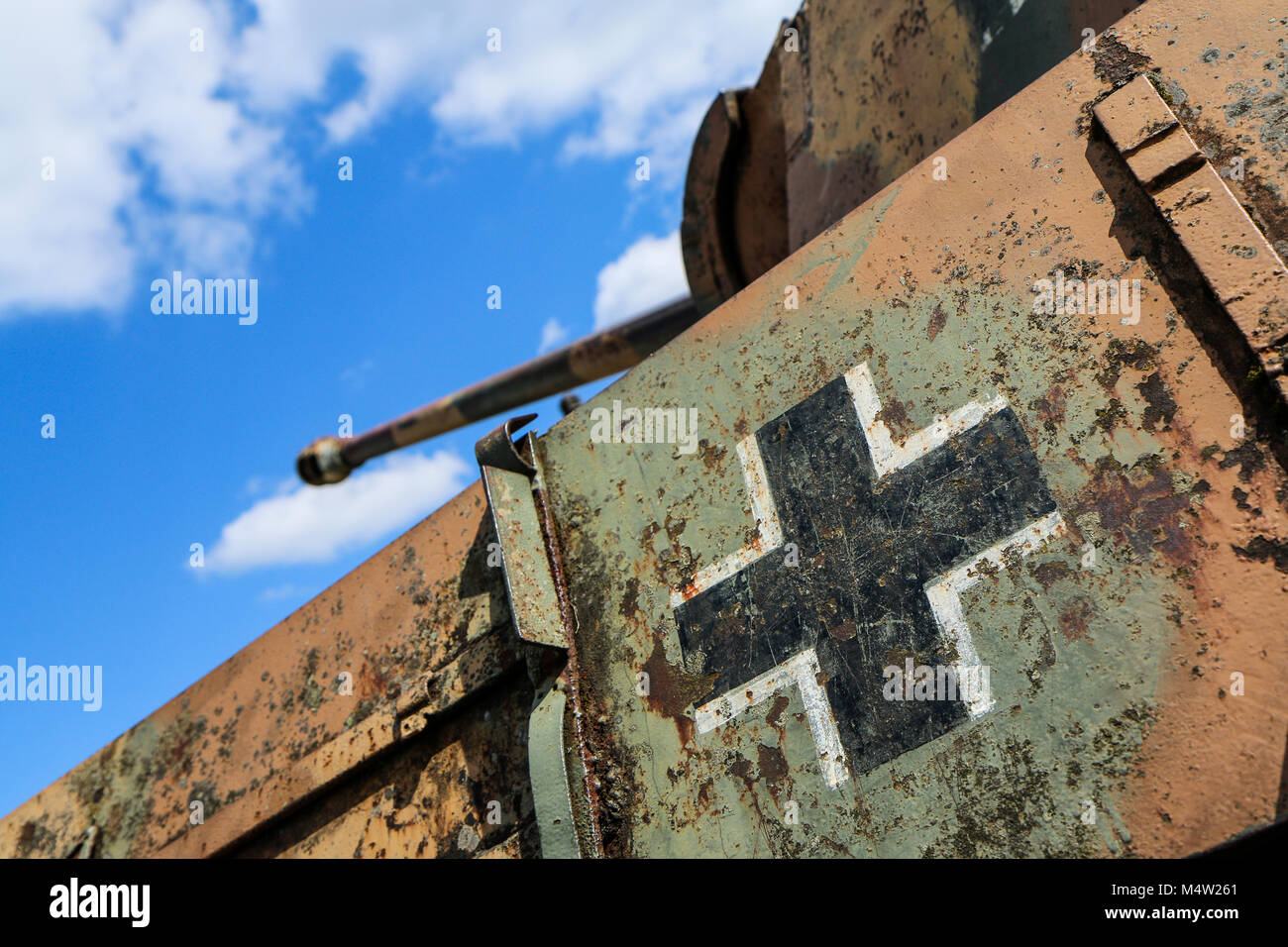 A detail picture of the German World War II tank Panther standing as a memorial in Belgium. The marking is visible and also the gun. Stock Photo