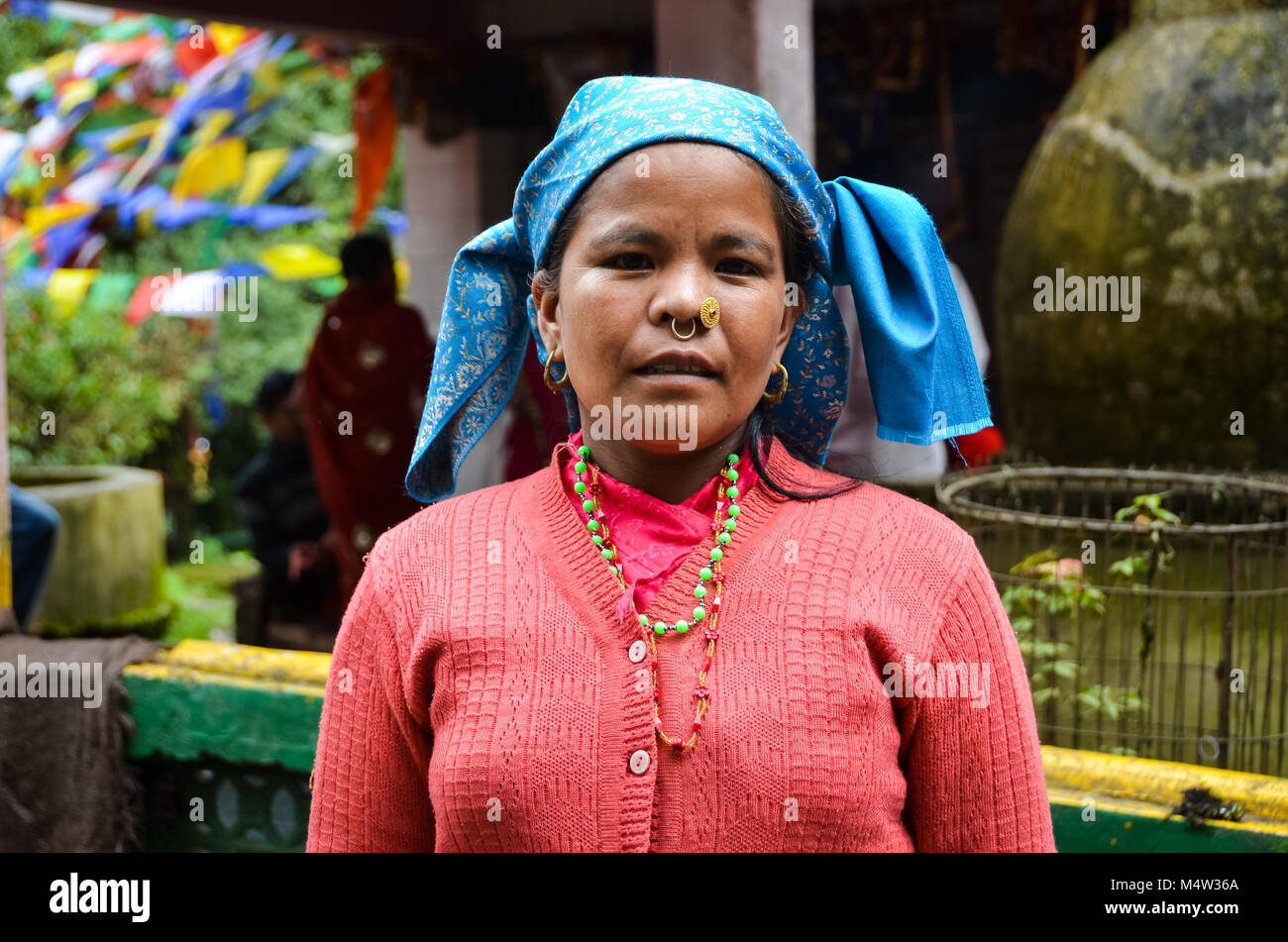 Woman in Darjeeling, India wearing traditional dress, including golden nose rings. Stock Photo