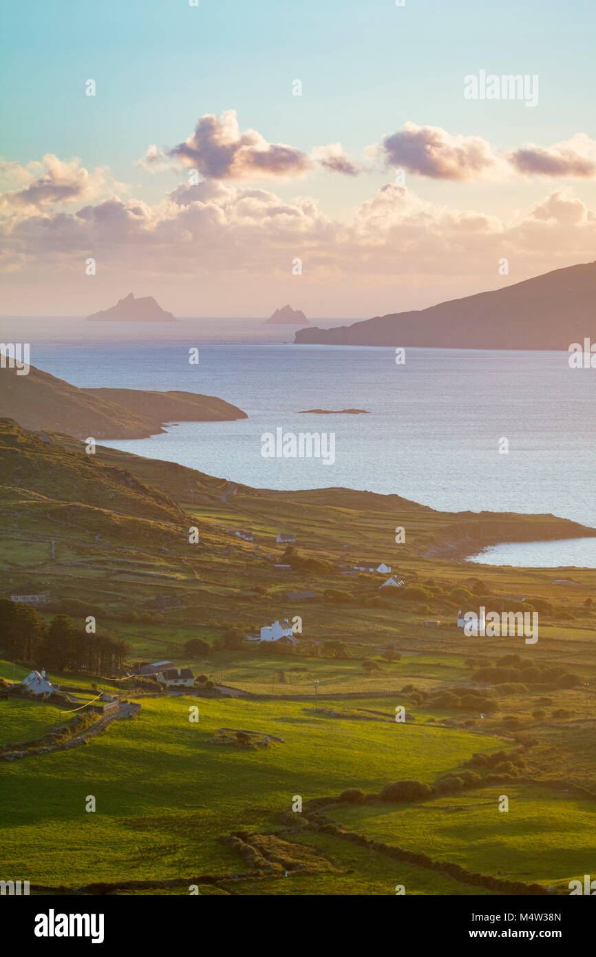 Evening light over fields and Skellig Islands from Ballinskelligs Bay, County Kerry, Ireland. Stock Photo