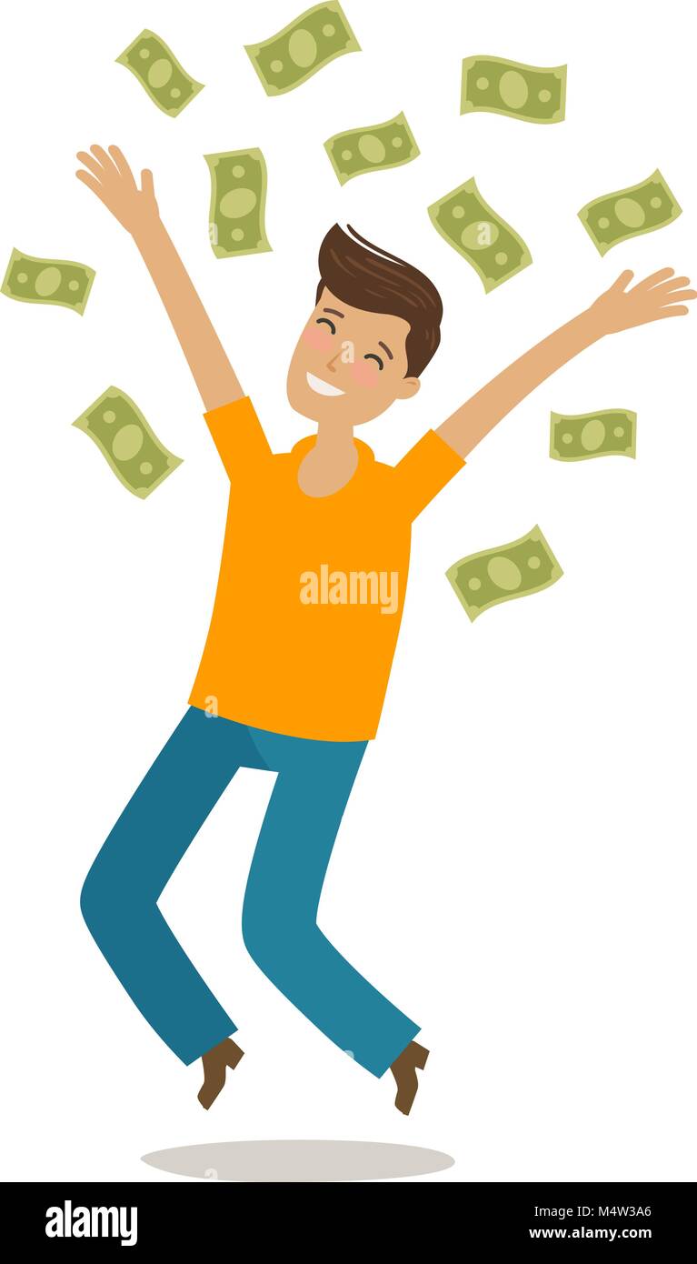 Successful rich man. Money, cash winnings, jackpot, earnings concept. Cartoon vector illustration in flat style Stock Vector