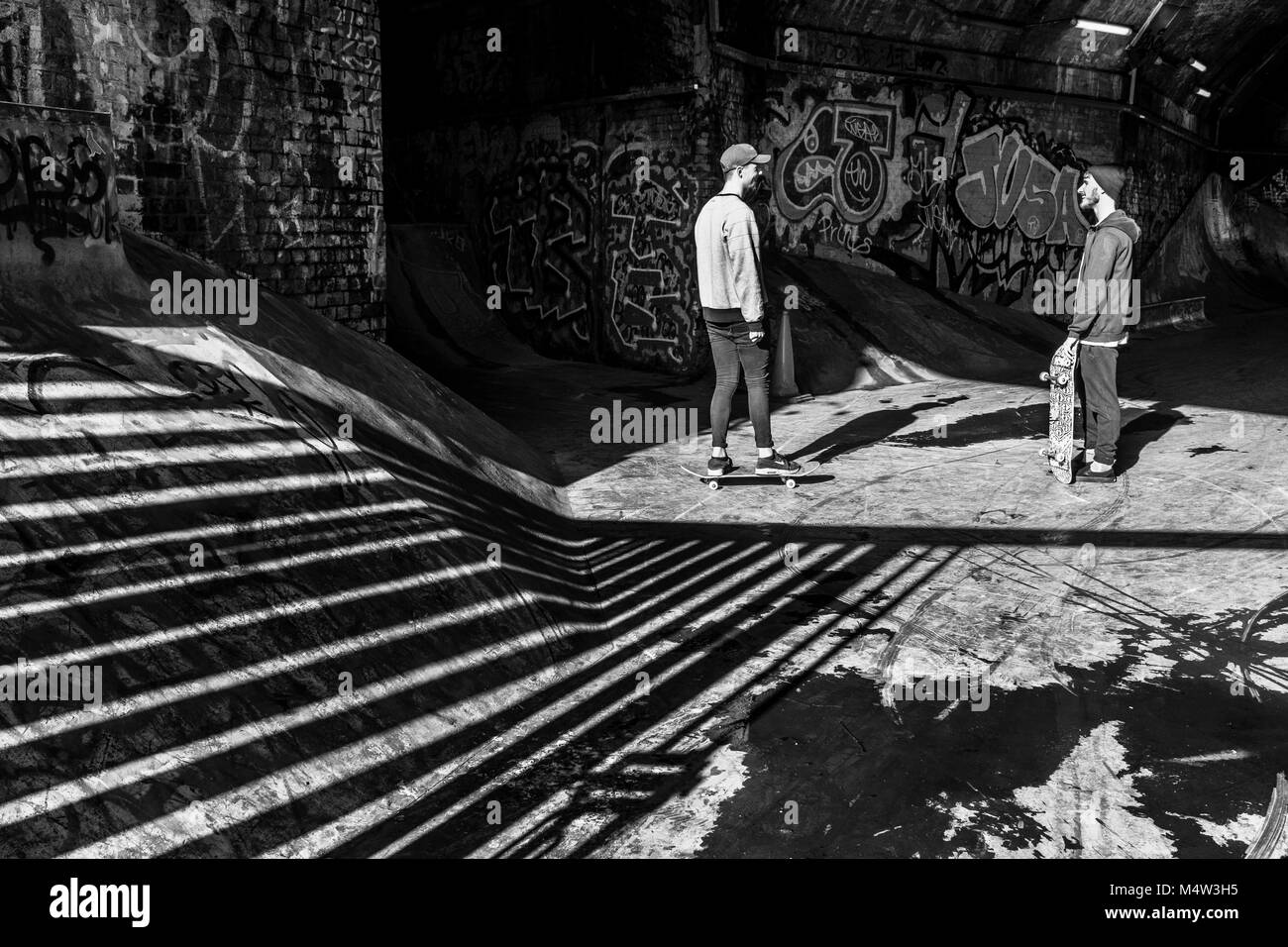 London black and white urban photography: Bermondsey skateboard park, London SE1. Stock Photo