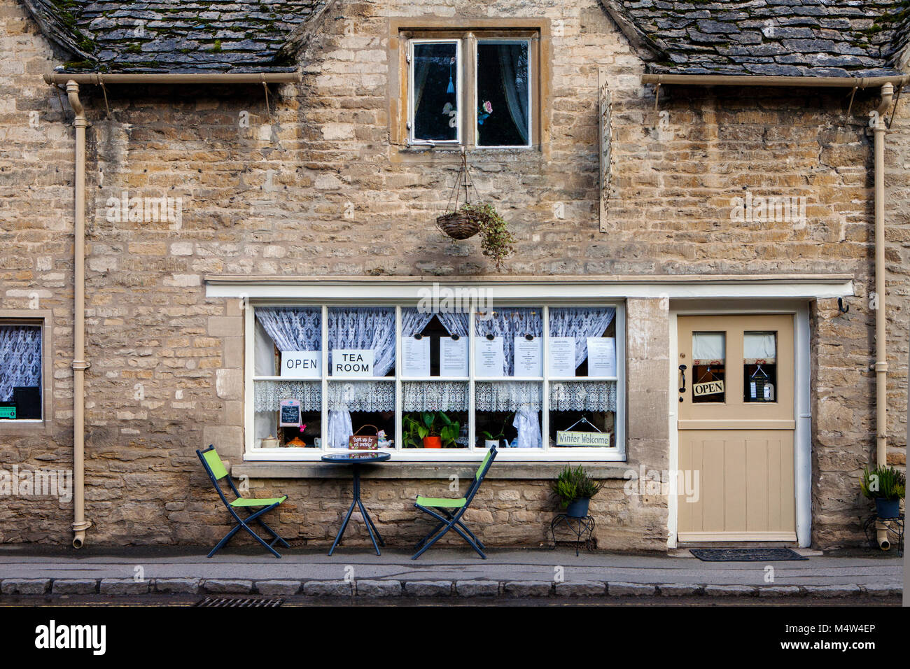 BIBURY, UK - FEBRUARY 15th, 2018: Tea room in Bibury: Bibury is a typical Costwold village with traditional english architecture. Stock Photo