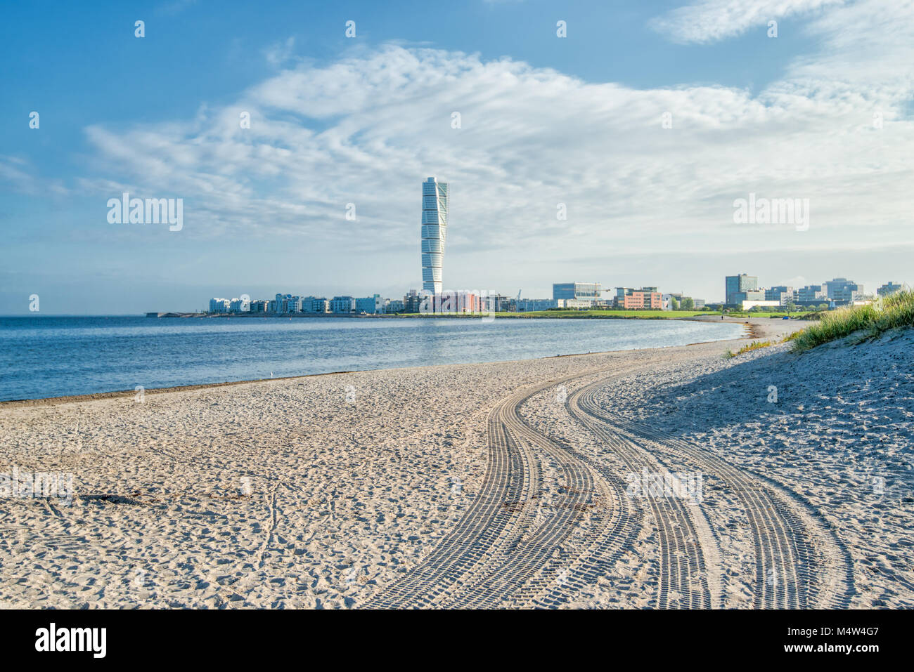 Malmö and iconic landmark Turning Torso viewed from beach