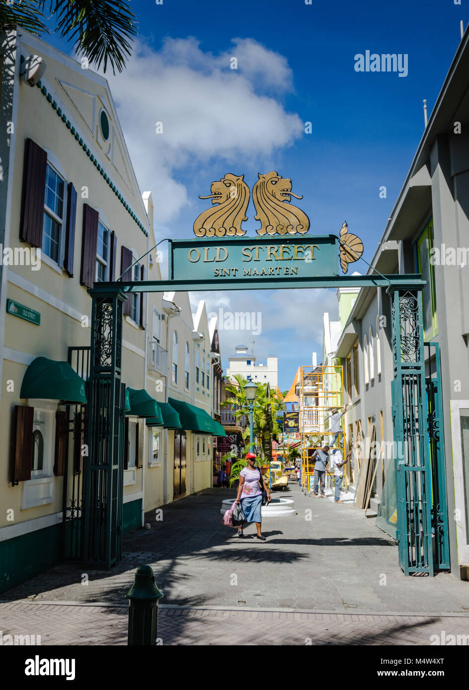 Bustling Old Street in the city of Philipsburg on the West Indian island of St. Maarten/St. Martin. Stock Photo