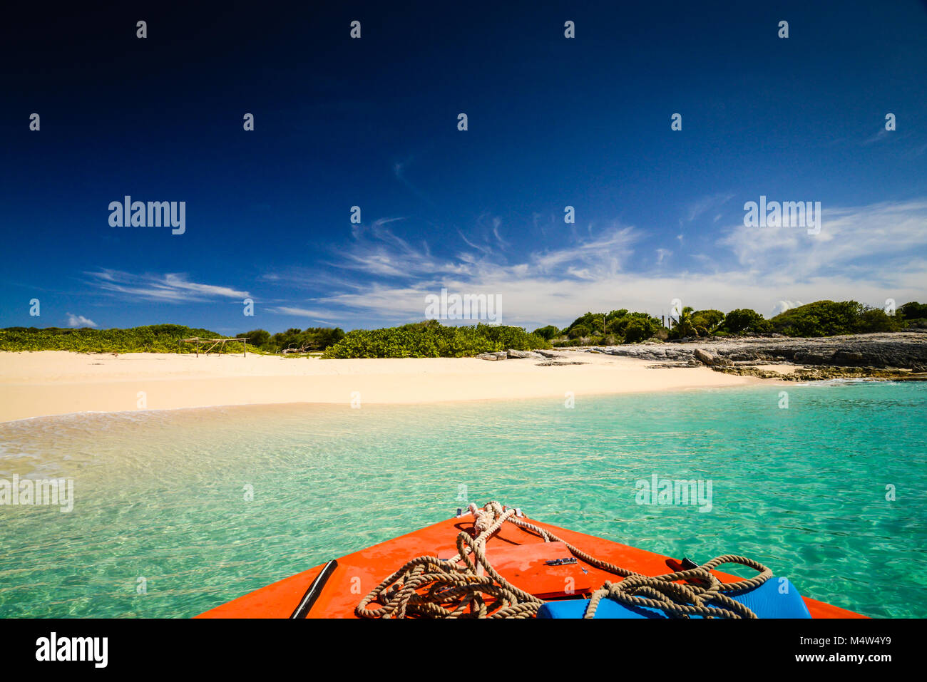 Shore arrival on Scrub Island, a caye near the Caribbean island of Anguilla. Stock Photo