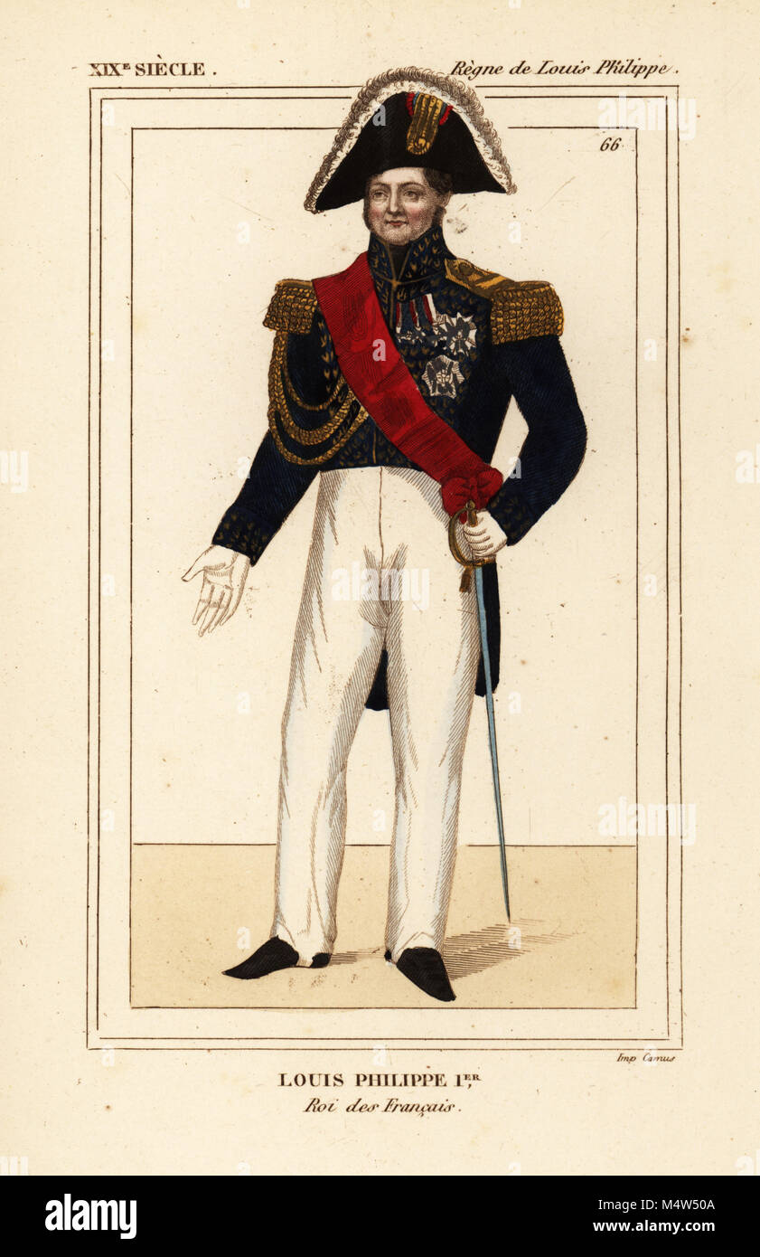 King Louis Philippe I of France 1773-1850. In the uniform of a colonel in the Garde Nationale with grand-cordon bleu sash. Handcoloured lithograph from Le Bibliophile Jacob aka Paul Lacroix's Costumes Historiques de la France (Historical Costumes of France), Administration de Librairie, Paris, 1852. Stock Photo