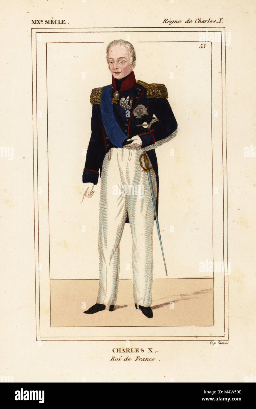 King Charles X of France 1757-1836 in military uniform of a colonel in the Garde Nationale with grand-cordon bleu sash and chain of the Order of the Golden Fleece, Ordre de la Toison-d'Or. Handcoloured lithograph by Leopold Massard from Le Bibliophile Jacob aka Paul Lacroix's Costumes Historiques de la France (Historical Costumes of France), Administration de Librairie, Paris, 1852. Stock Photo