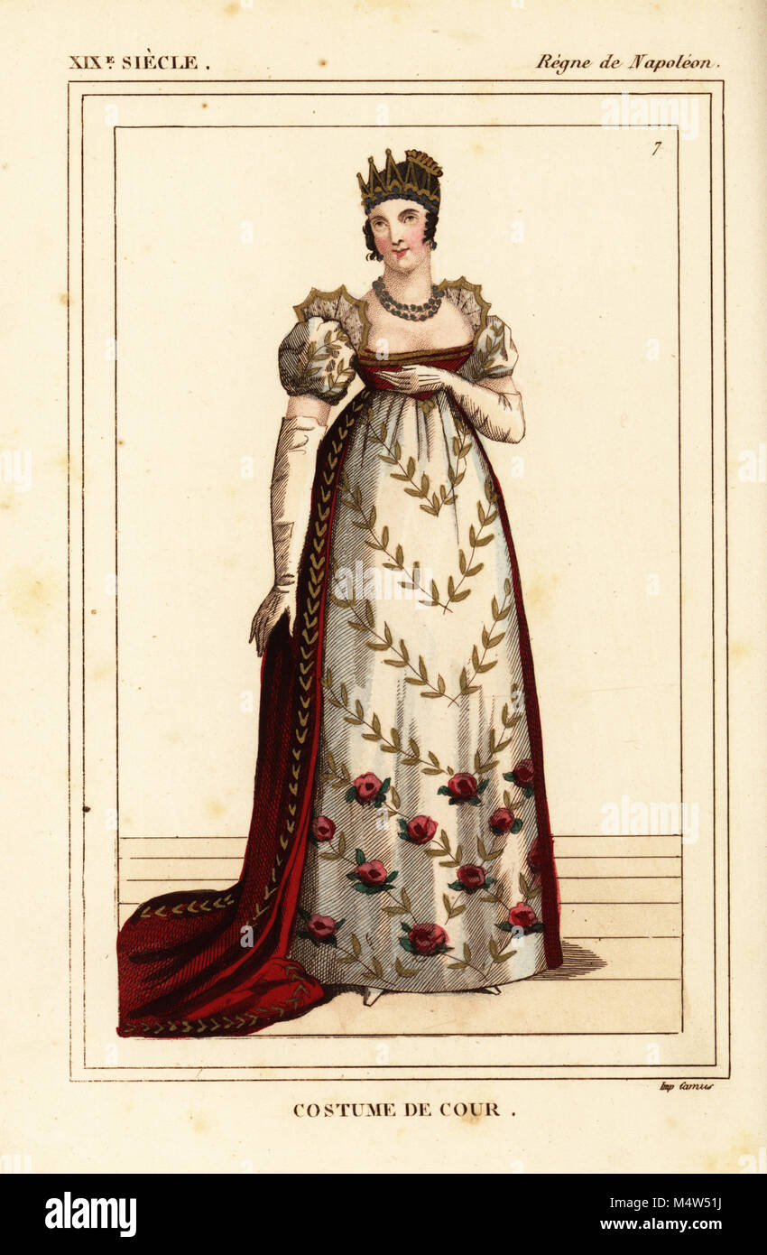 Costume of a female courtier, French Napoleonic era. Handcoloured lithograph by Leopold Massard from Le Bibliophile Jacob aka Paul Lacroix's Costumes Historiques de la France (Historical Costumes of France), Administration de Librairie, Paris, 1852. Stock Photo