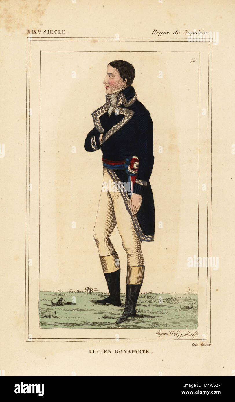 Lucien Bonaparte, Prince of Canino and Musignano, younger brother of Napoleon 1775-1840. Handcoloured lithograph by Legenissel from Le Bibliophile Jacob aka Paul Lacroix's Costumes Historiques de la France (Historical Costumes of France), Administration de Librairie, Paris, 1852. Stock Photo