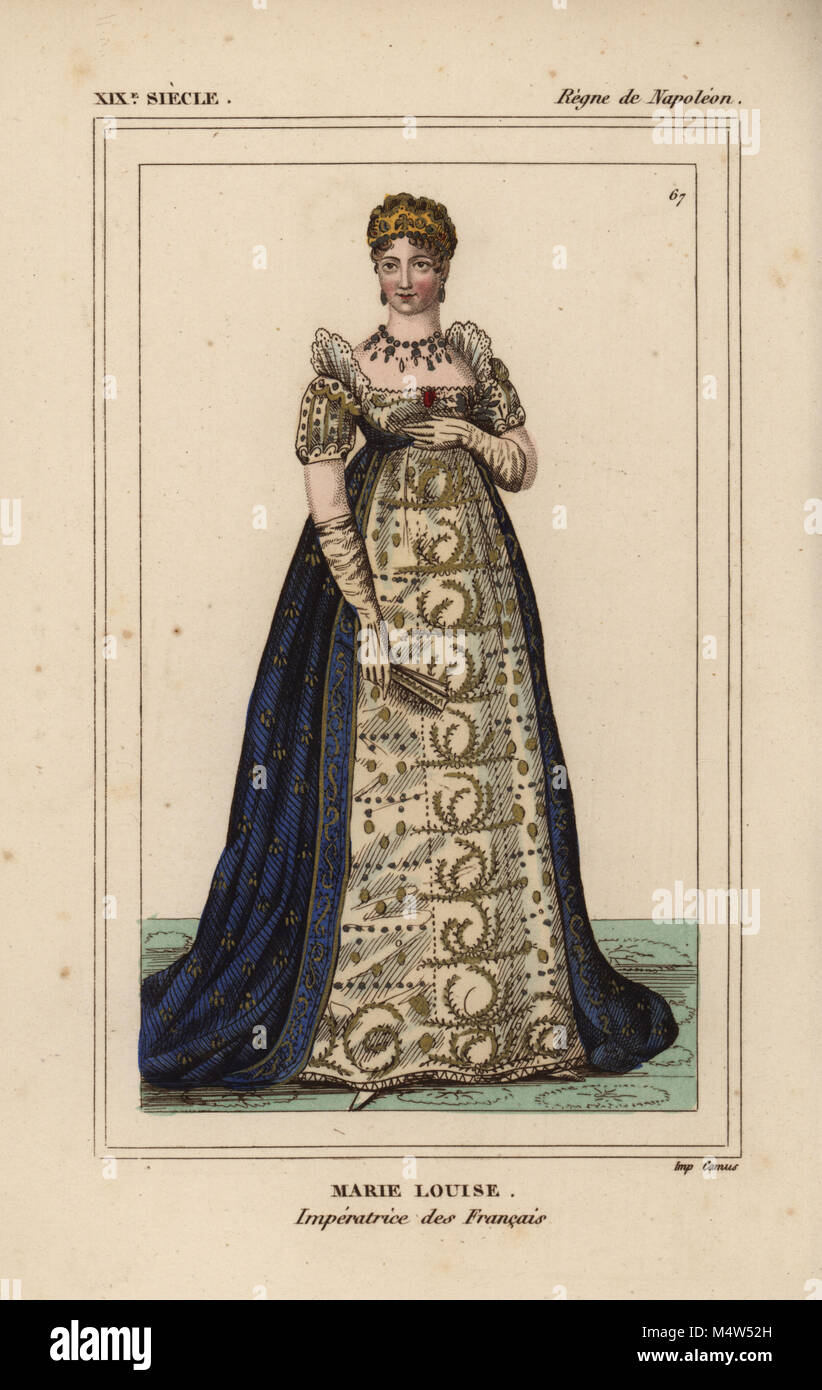 Marie Louise, Empress of France, Duchess of Parma, second wife to Napoleon Bonaparte 1791-1847. Handcoloured lithograph from Le Bibliophile Jacob aka Paul Lacroix's Costumes Historiques de la France (Historical Costumes of France), Administration de Librairie, Paris, 1852. Stock Photo