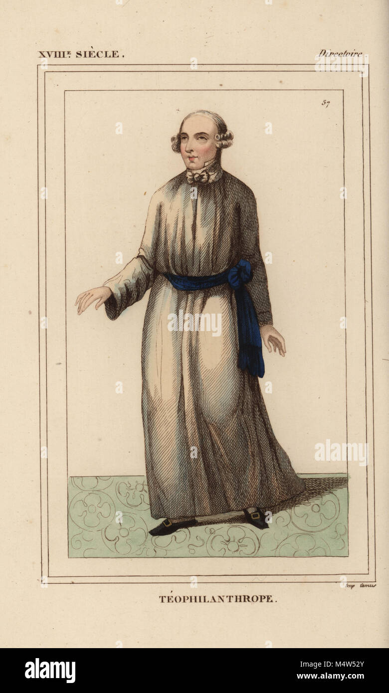 A Thephilanthropist, religious sect founded by the visionary Catherine Theot, Directory era, 1795-1799. Handcoloured lithograph from Le Bibliophile Jacob aka Paul Lacroix's Costumes Historiques de la France (Historical Costumes of France), Administration de Librairie, Paris, 1852. Stock Photo