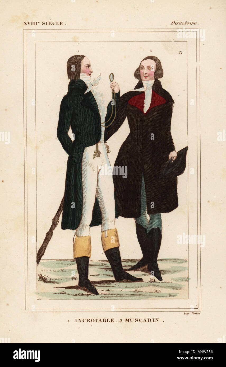 Incroyable and Muscadin, fashionable French men of the Directory era, 1796. The Incroyable holds a monocle and cudgel and wears two watches from his belt. The Muscadin wears a brown redingote, white cravatte and grey culottes. Handcoloured lithograph from Le Bibliophile Jacob aka Paul Lacroix's Costumes Historiques de la France (Historical Costumes of France), Administration de Librairie, Paris, 1852. Stock Photo