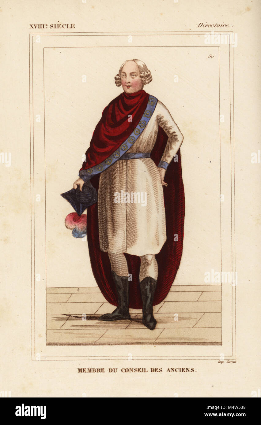 Member of the Council of Elders, Conseil des Anciens, French Directory era. 1795-1799. He wears a tunic and cape, hat with tricolor plumes and his hair parted in the middle. Handcoloured lithograph from Le Bibliophile Jacob aka Paul Lacroix's Costumes Historiques de la France (Historical Costumes of France), Administration de Librairie, Paris, 1852. Stock Photo