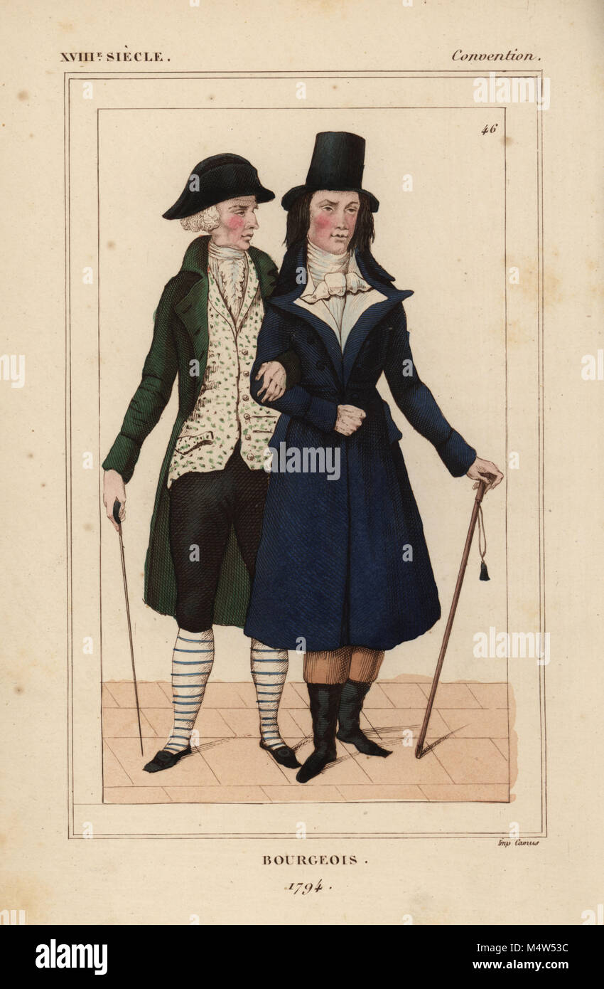 Bourgeois men, 1794, French National Convention era. Old man in the ancien style, and young man in the revolutionary style with white gilet a la Robespierre. Handcoloured lithograph from Le Bibliophile Jacob aka Paul Lacroix's Costumes Historiques de la France (Historical Costumes of France), Administration de Librairie, Paris, 1852. Stock Photo