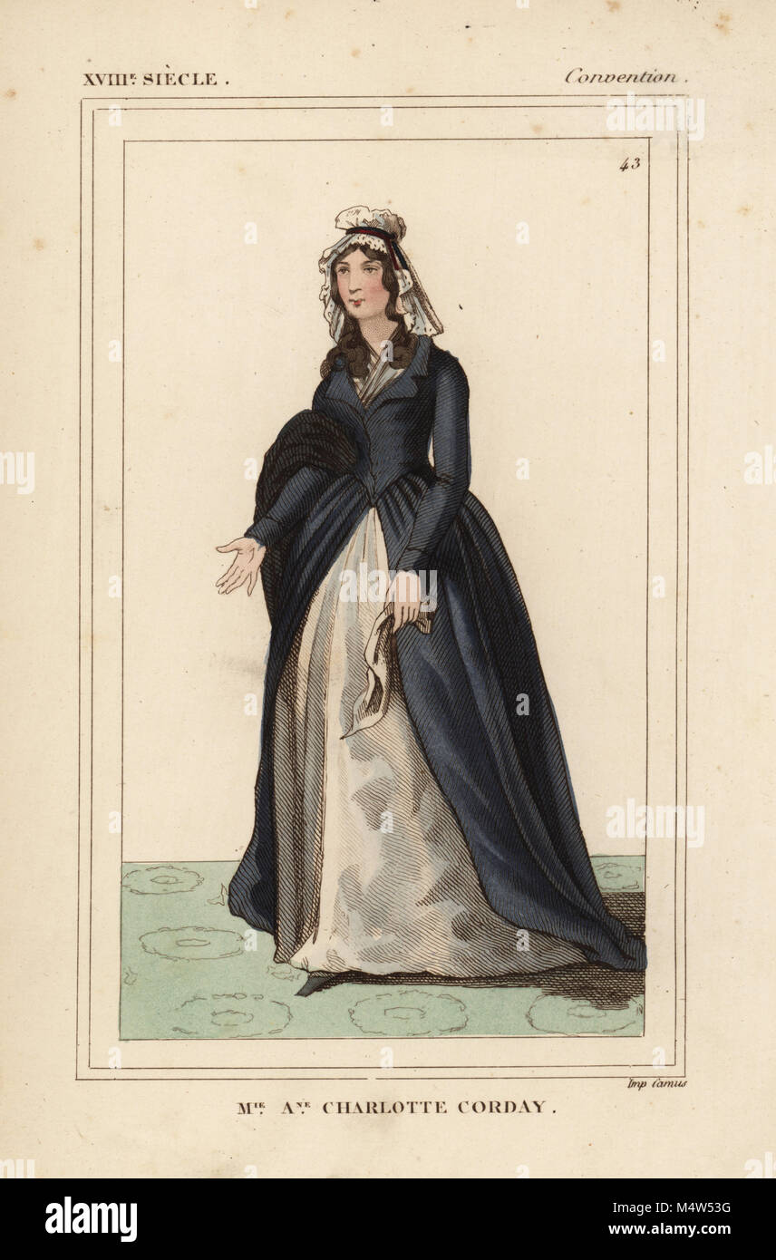 Marie-Anne Charlotte Corday, killer of Jean-Paul Marat 1768-1793. She is depicted in the clothes of her arrest at Marat's house after the murder. Handcoloured lithograph from Le Bibliophile Jacob aka Paul Lacroix's Costumes Historiques de la France (Historical Costumes of France), Administration de Librairie, Paris, 1852. Stock Photo