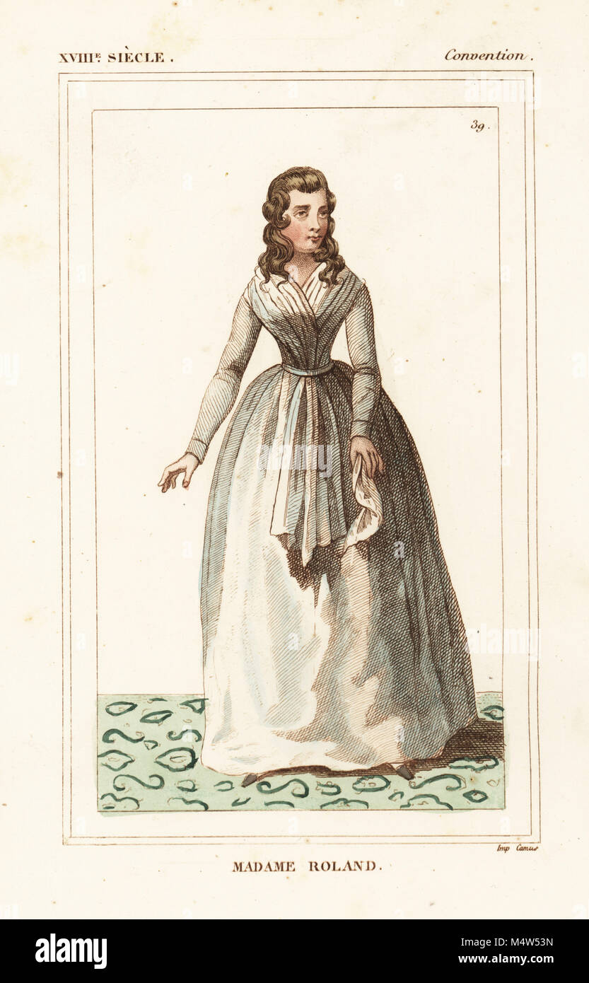 Madame Roland (Marie-Jeanne Phlippon Roland), French Revolutionary and Girondist 1754-1793. Handcoloured lithograph from Le Bibliophile Jacob aka Paul Lacroix's Costumes Historiques de la France (Historical Costumes of France), Administration de Librairie, Paris, 1852. Stock Photo