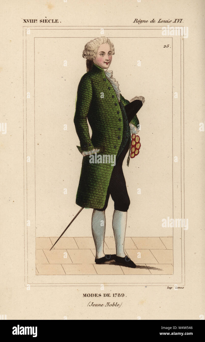 French men's fashions of 1789 (young nobleman). Handcoloured lithograph after a portrait in Roger de Gaignieres' gallery portfolio X from Le Bibliophile Jacob aka Paul Lacroix's Costumes Historiques de la France (Historical Costumes of France), Administration de Librairie, Paris, 1852. Stock Photo