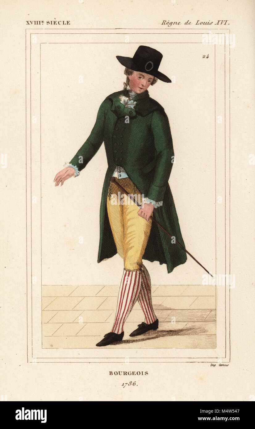 French men's fashions of 1786 (bourgeois). Handcoloured lithograph after an illustration in le Cabinet des modes from Le Bibliophile Jacob aka Paul Lacroix's Costumes Historiques de la France (Historical Costumes of France), Administration de Librairie, Paris, 1852. Stock Photo