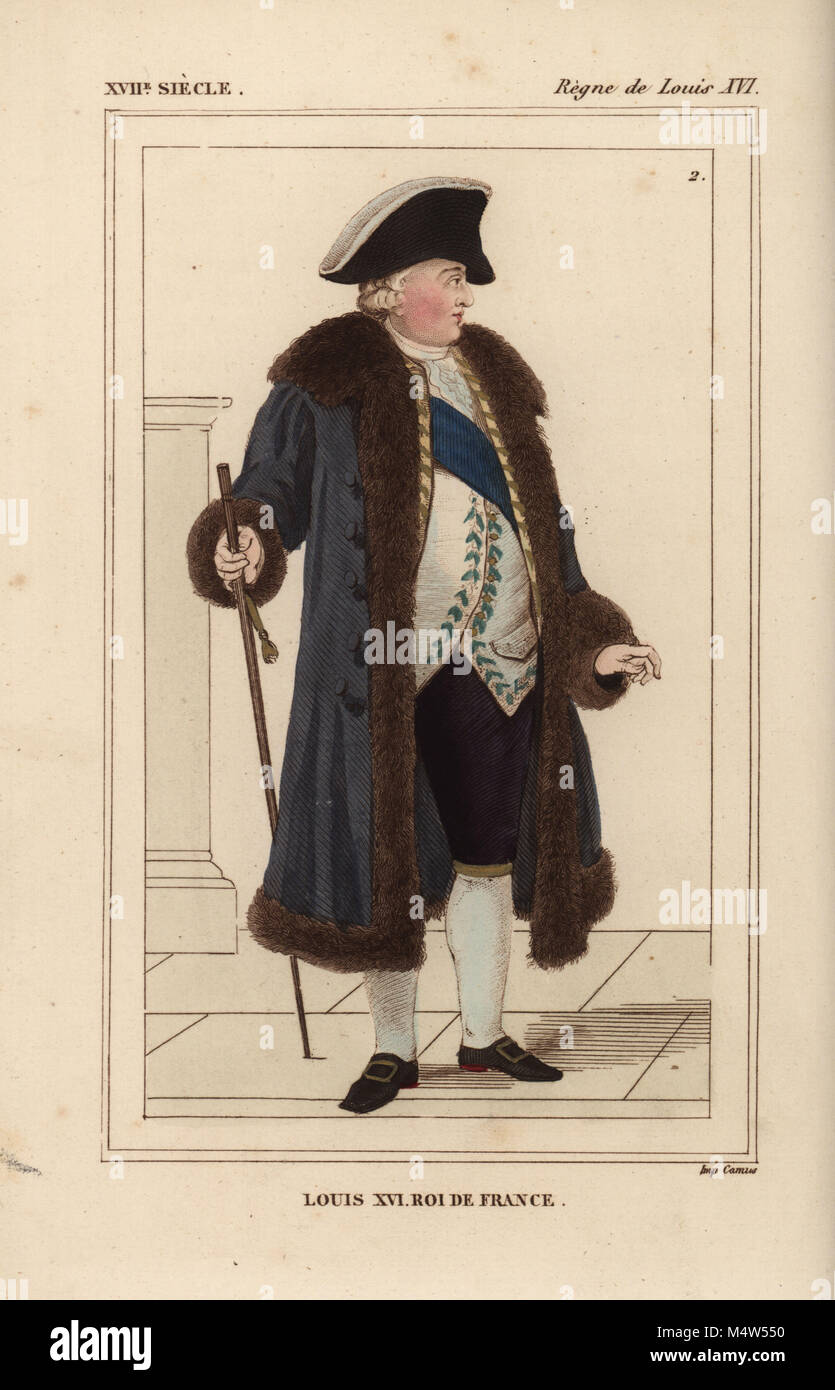 King Louis XVI of France, in winter costume 1776 with the sash of the Order of the Holy Spirit. Handcoloured lithograph from Le Bibliophile Jacob aka Paul Lacroix's Costumes Historiques de la France (Historical Costumes of France), Administration de Librairie, Paris, 1852. Stock Photo