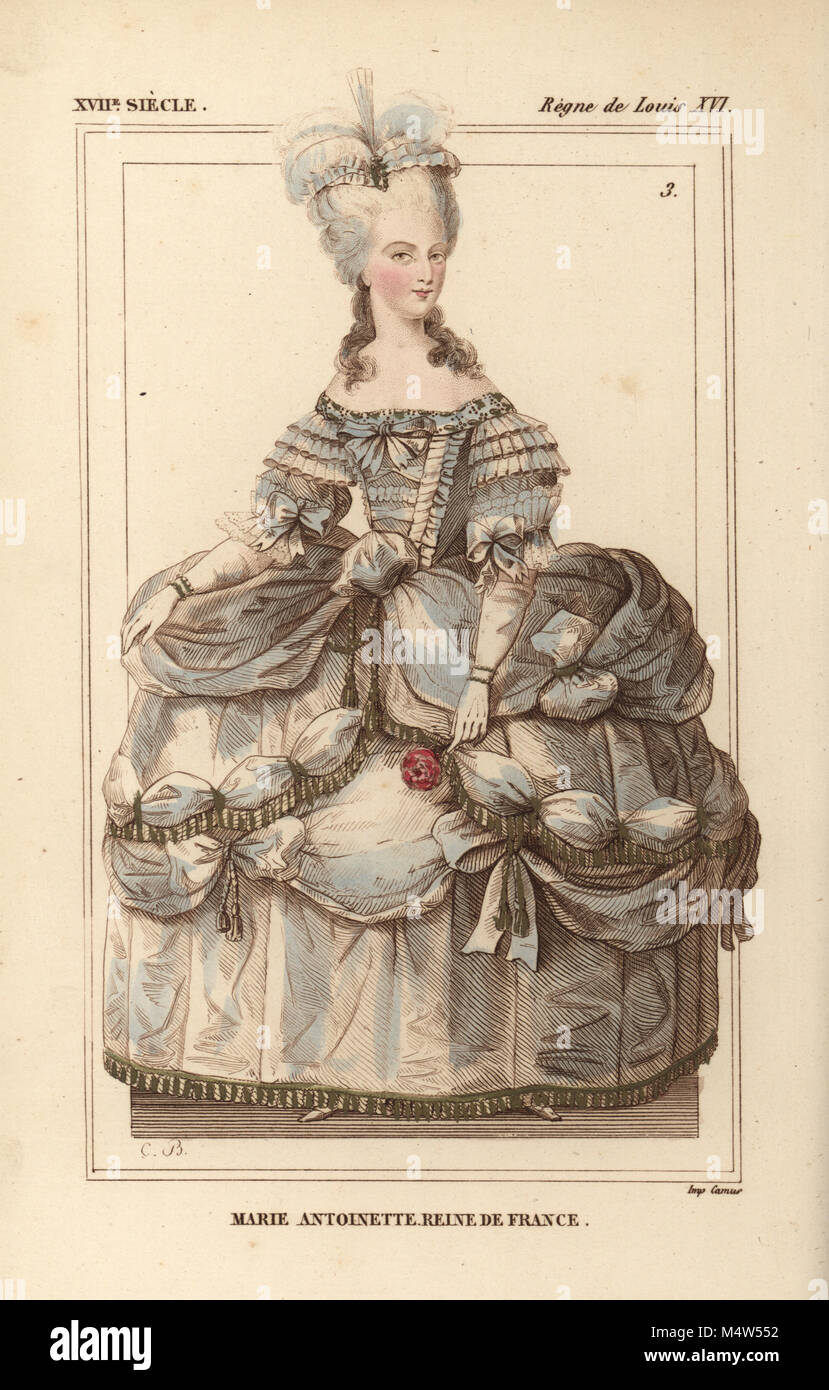 Marie Antoinette, Reine de France, wife to King Louis XVI. Handcoloured lithograph by Charles Breton after a portrait in Versailles from Le Bibliophile Jacob aka Paul Lacroix's Costumes Historiques de la France (Historical Costumes of France), Administration de Librairie, Paris, 1852. Stock Photo