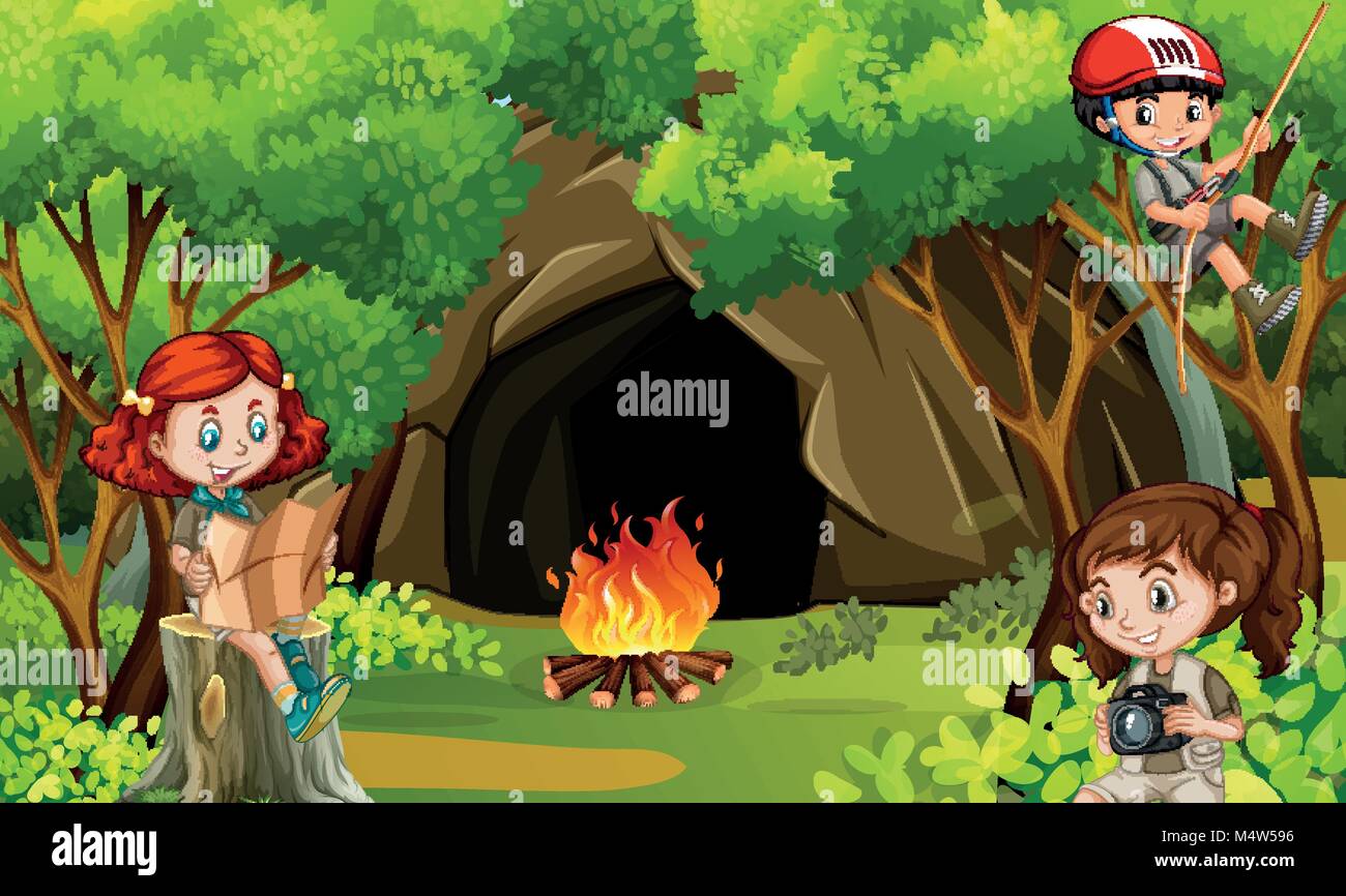 Three kids camping in the woods illustration Stock Vector Image & Art ...