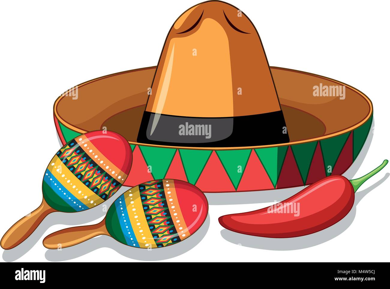 Mexican hat and maracas on white background illustration Stock Vector