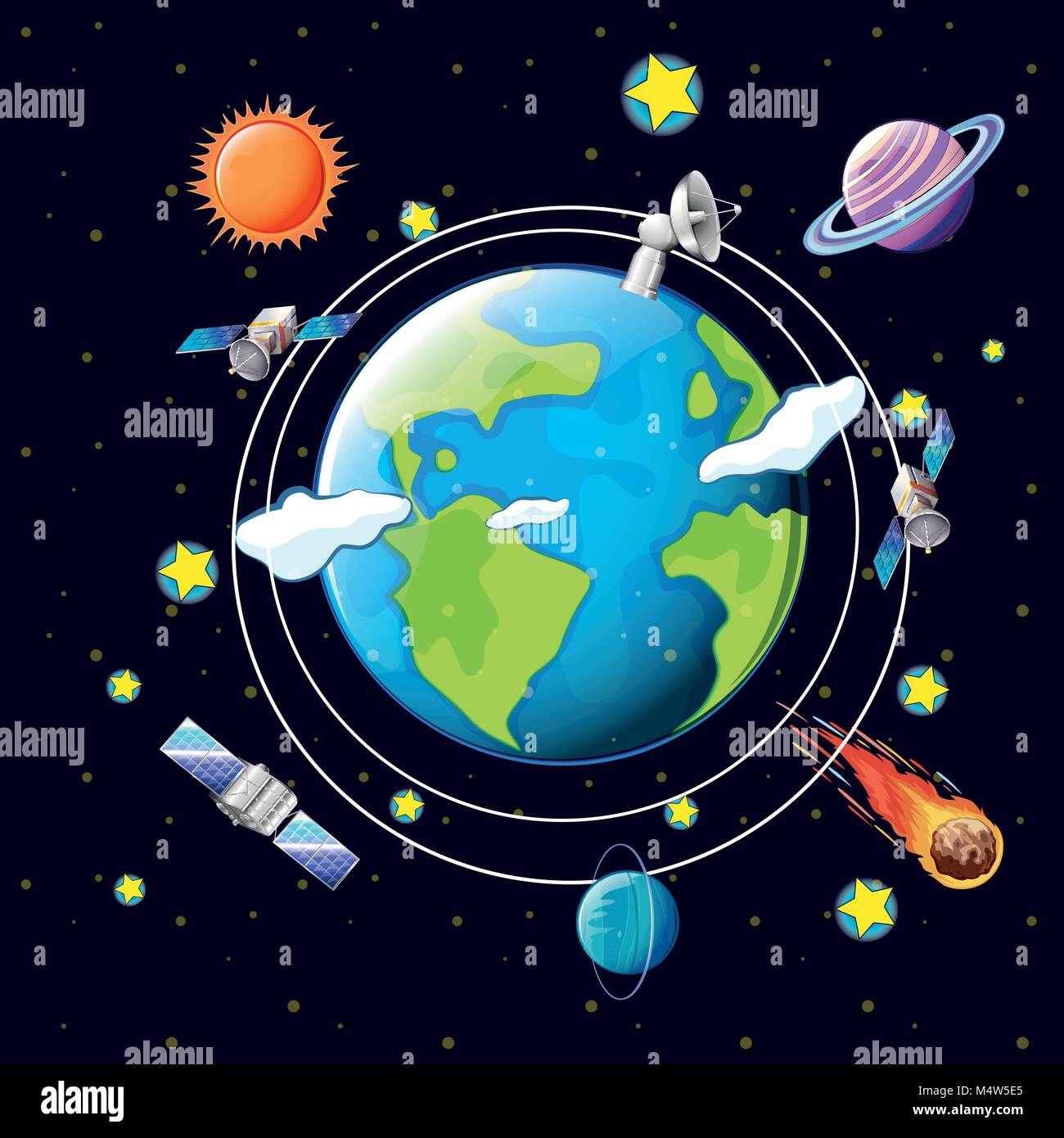 Space theme with satellites and planets around earth illustration Stock Vector