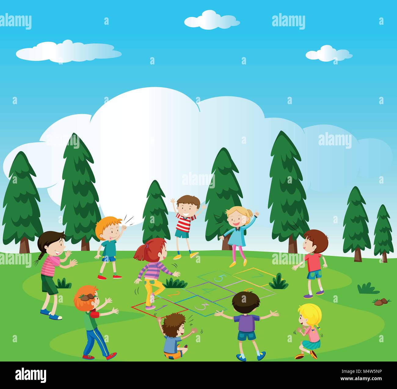 Happy kids playing hopscotch in the park illustration Stock Vector ...