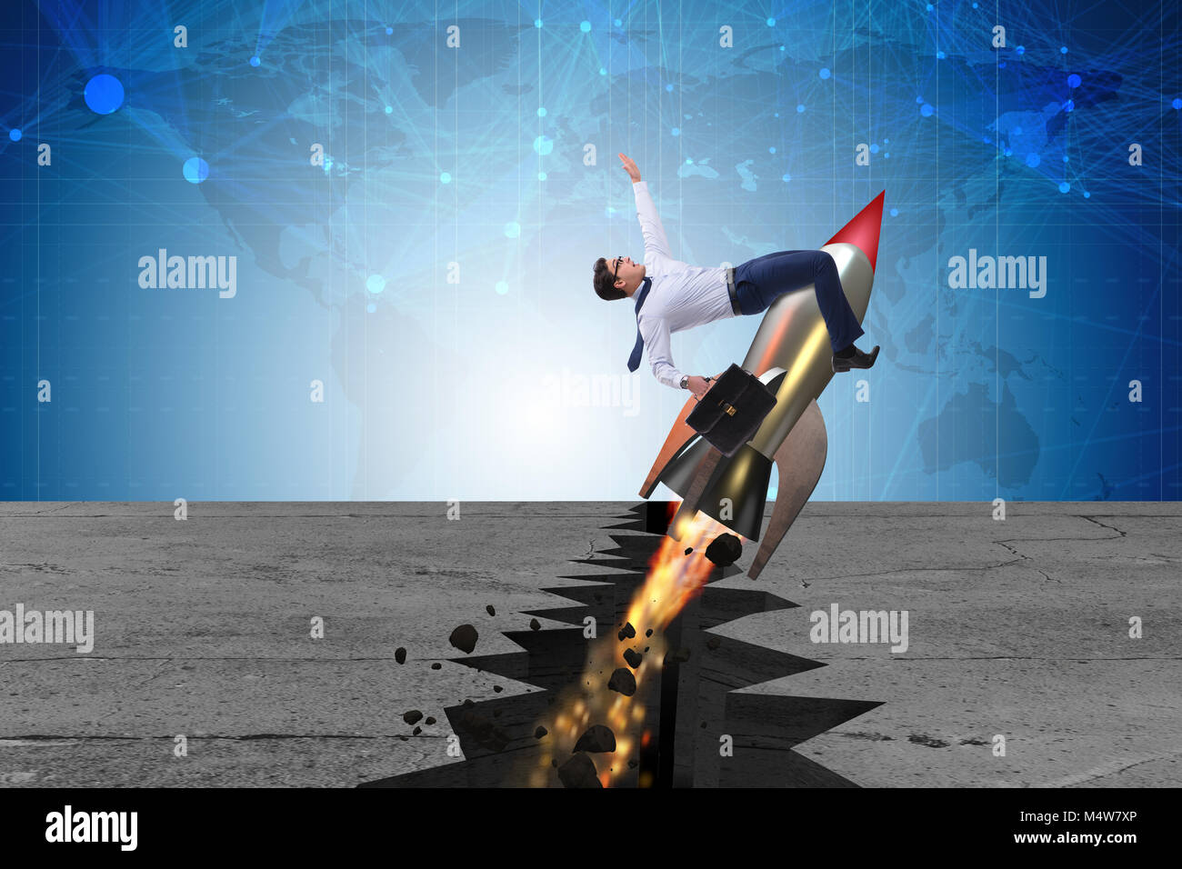 Rocket Avoiding Rocks Businessman flying on rocket from rock gap Stock Photo - Alamy