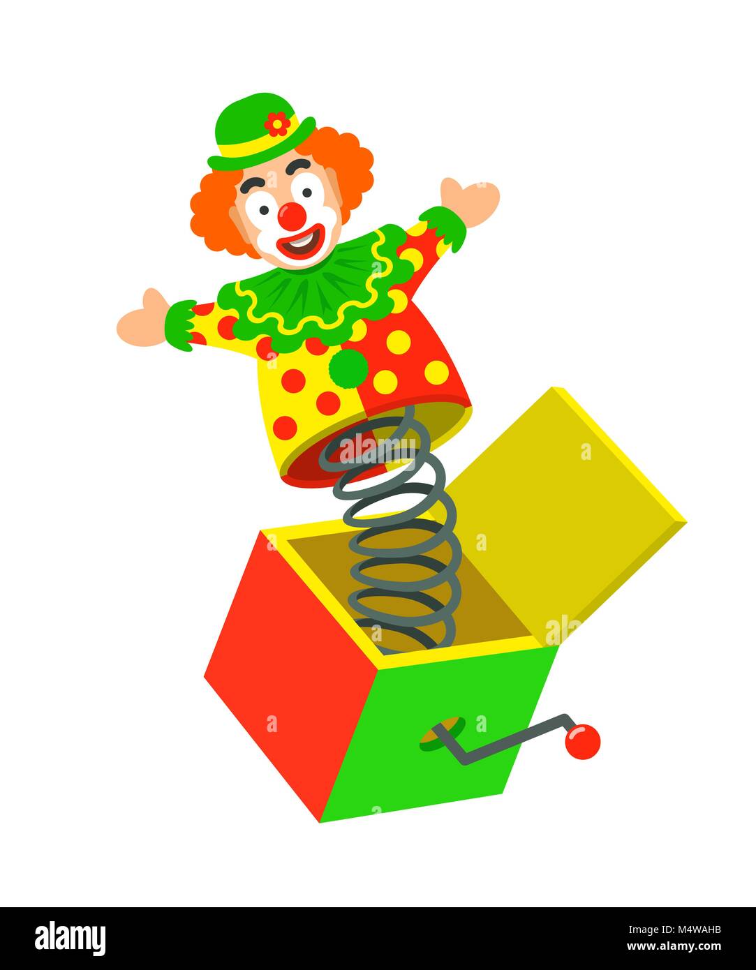 Toy circus clown on a spring pops out of a box. Surprise joke for April Fools day. Jack in a box toy. Vector cartoon illustration Stock Vector