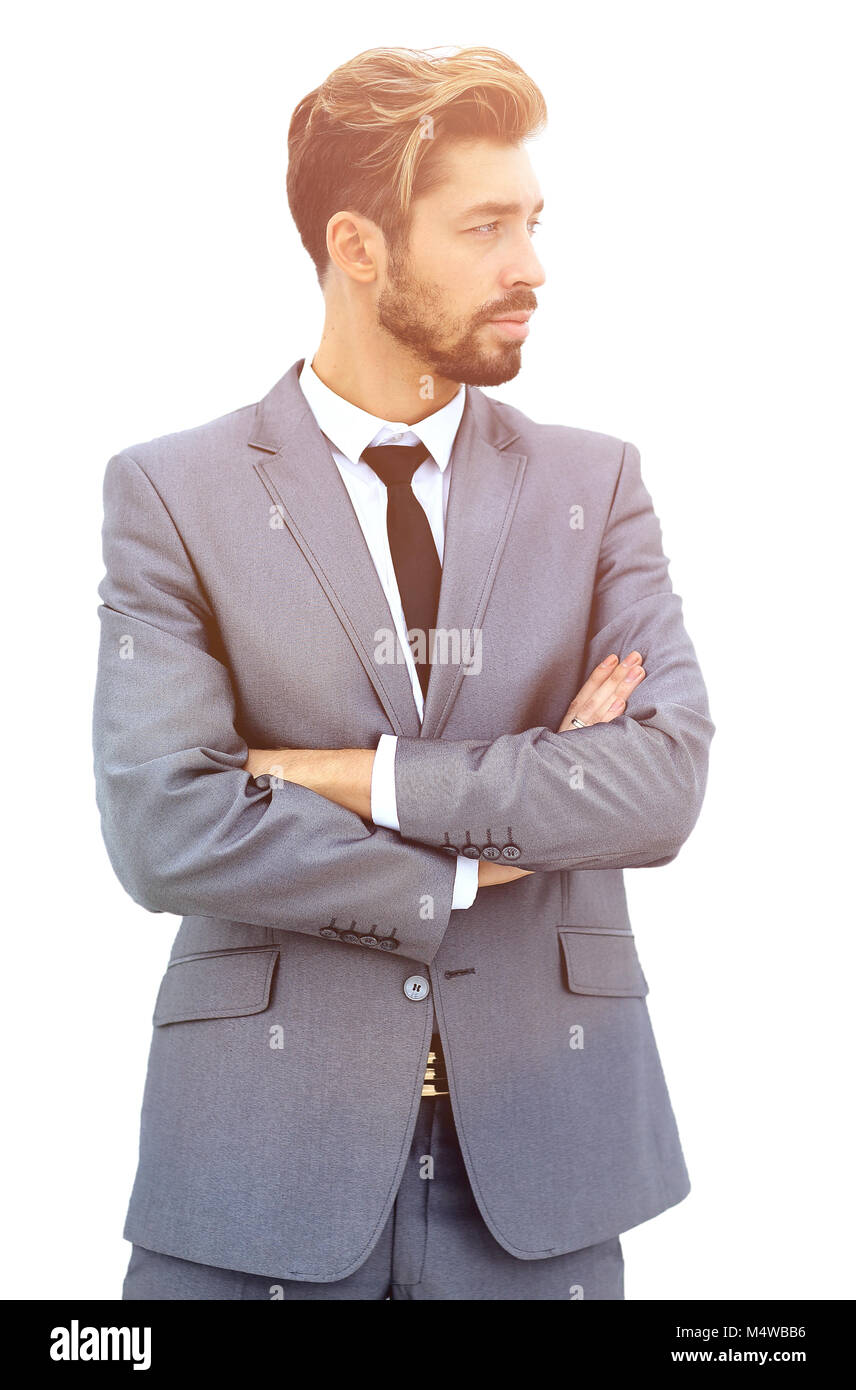 business man with arms crossed in a white background Stock Photo - Alamy