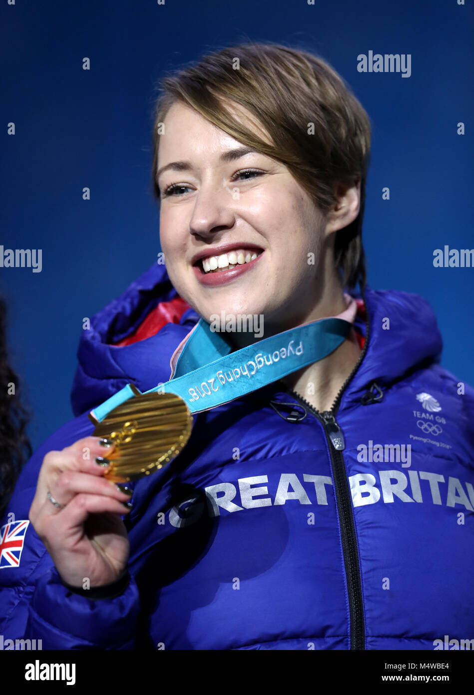 Great Britain's Lizzy Yarnold poses with her gold medal during the medal ceremony for the Women's Skeleton on day nine of the PyeongChang 2018 Winter Olympic Games in South Korea. Stock Photo