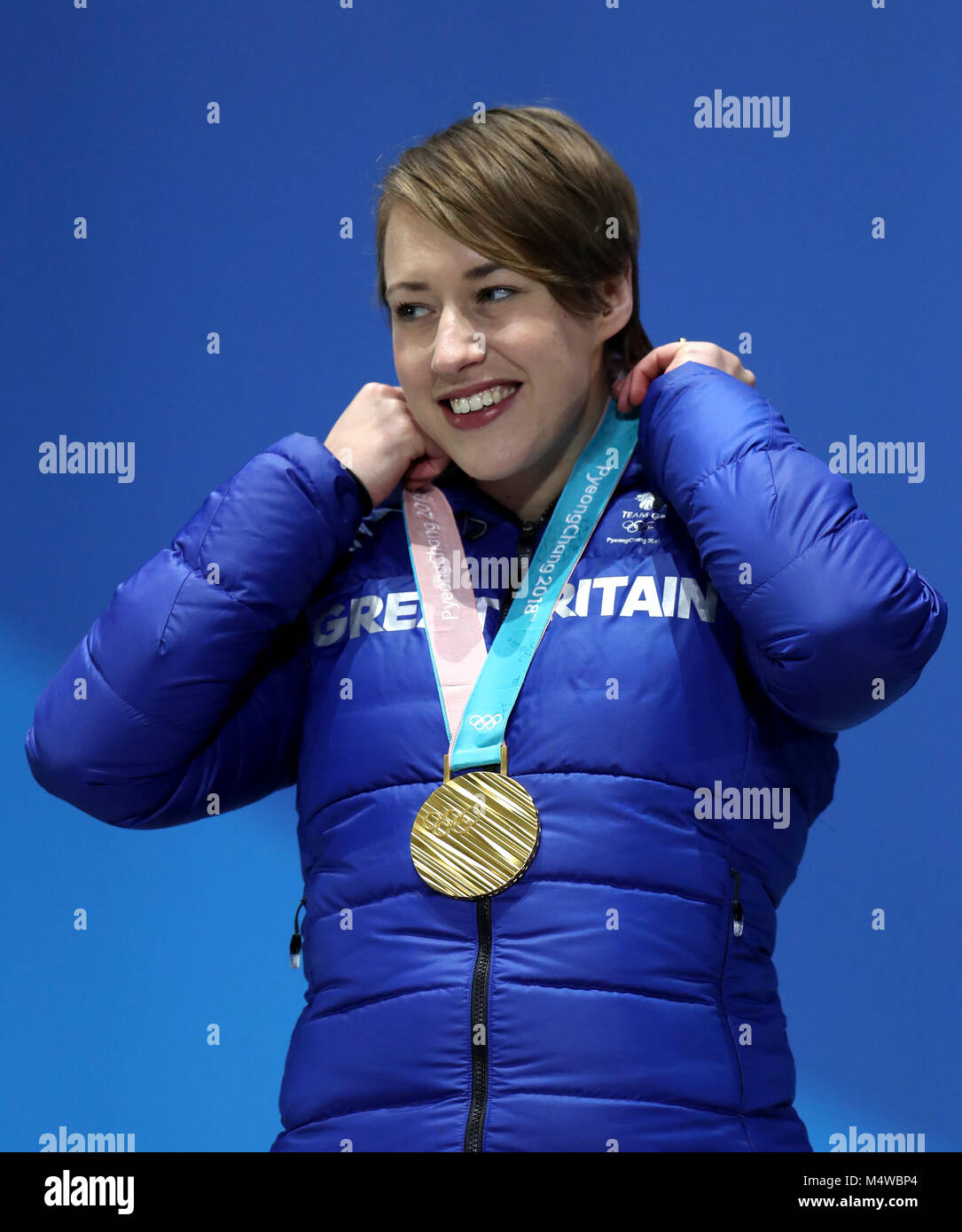 Great Britain's Lizzy Yarnold poses with her gold medal during the medal ceremony for the Women's Skeleton on day nine of the PyeongChang 2018 Winter Olympic Games in South Korea. Stock Photo