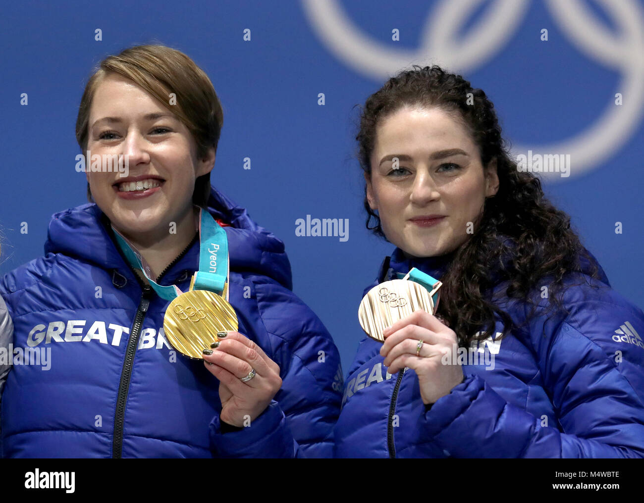 Great Britain's Lizzy Yarnold (left) poses with her gold medal alongside Laura Deas with her bronze medal during the medal ceremony for the Women's Skeleton on day nine of the PyeongChang 2018 Winter Olympic Games in South Korea. Stock Photo