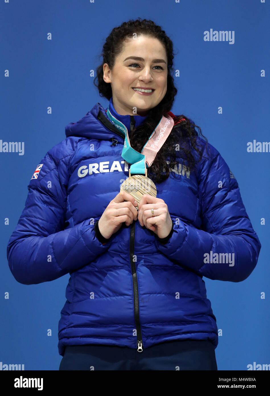 Great Britain's Laura Deas poses with her bronze medal during the medal ceremony for the Women's Skeleton on day nine of the PyeongChang 2018 Winter Olympic Games in South Korea. Stock Photo
