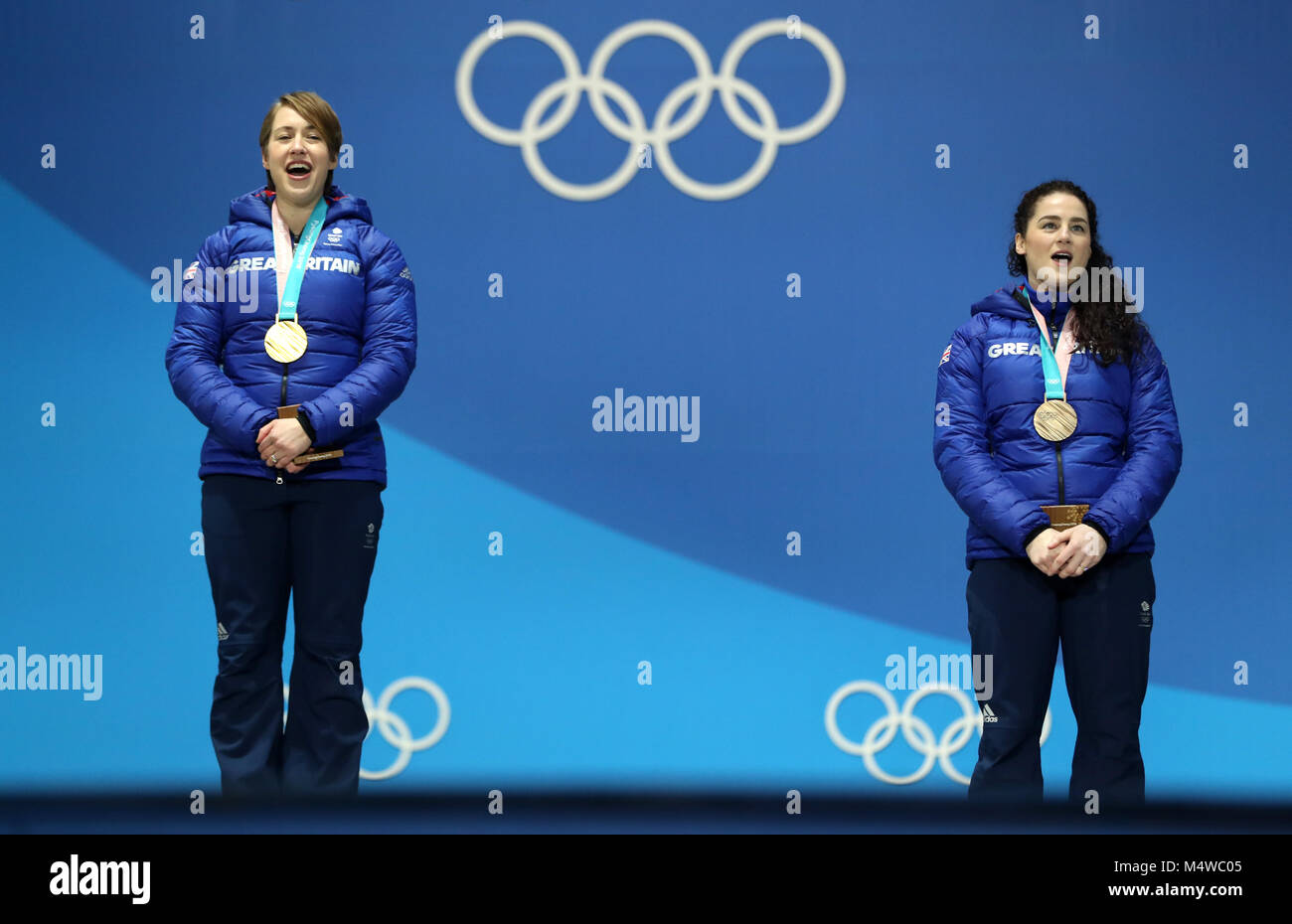 Great Britain's Lizzy Yarnold (left) poses with her gold medal alongside Laura Deas with her bronze medal during the medal ceremony for the Women's Skeleton on day nine of the PyeongChang 2018 Winter Olympic Games in South Korea. Stock Photo