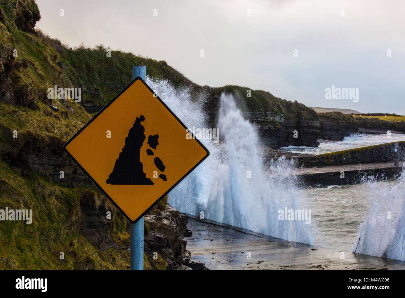 Danger Falling Rocks; Polnadiva Pier, Dromore West, Sligo Stock Photo