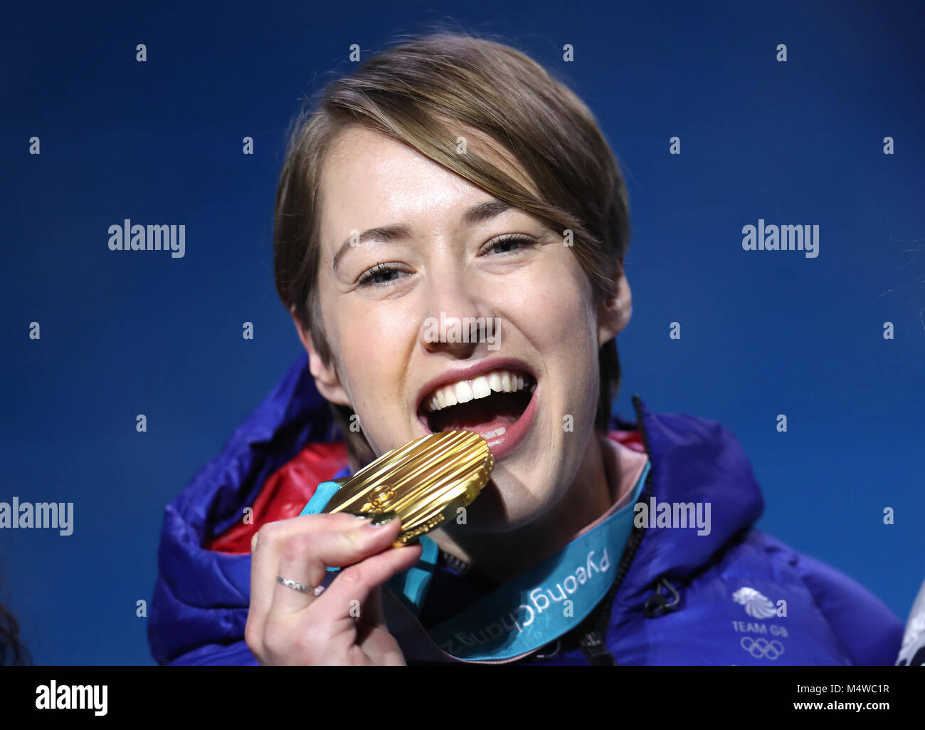 Great Britain's Lizzy Yarnold poses with her gold medal during the medal ceremony for the Women's Skeleton on day nine of the PyeongChang 2018 Winter Olympic Games in South Korea. Stock Photo