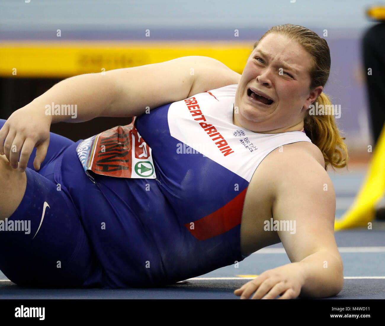 Sophie McKinna reacts during the Women's Shot Put during day two of the