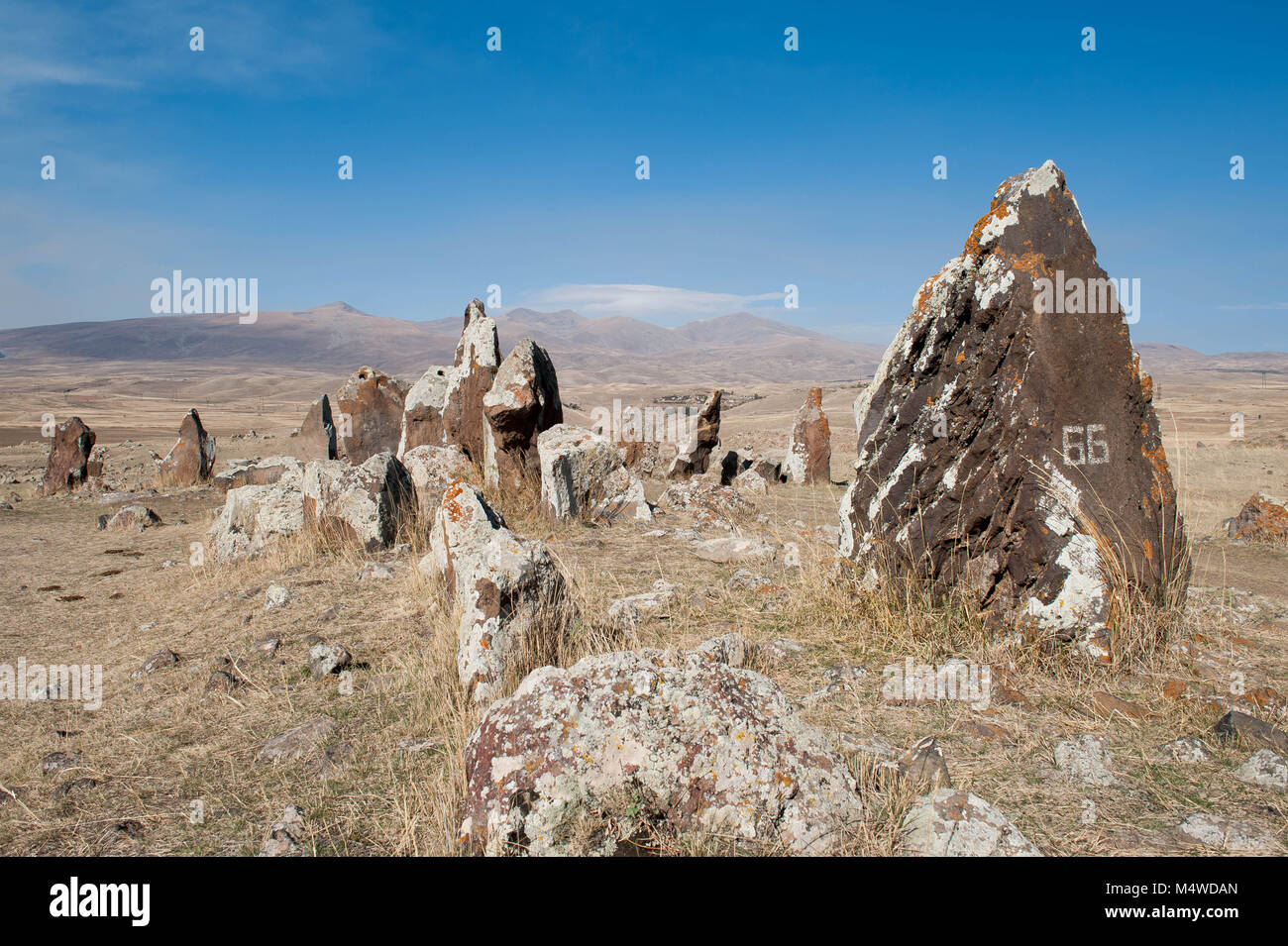Zorats Karer or Carahunge is a prehistoric Armenian stonehenge archaeological site near the city of Sisian in the Syunik province of Armenia. Stock Photo