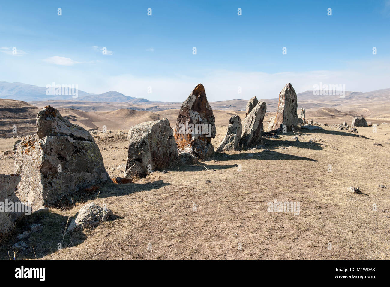 Zorats Karer or Carahunge is a prehistoric Armenian stonehenge archaeological site near the city of Sisian in the Syunik province of Armenia. Stock Photo