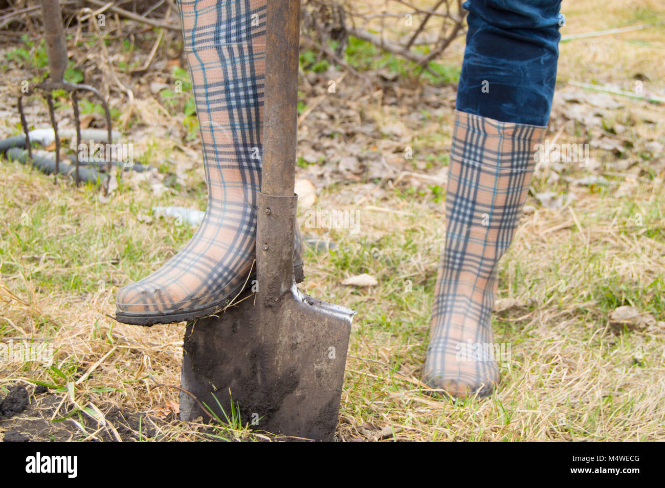 woman in beautiful plaid rubber boots using shovel in her garden Stock
