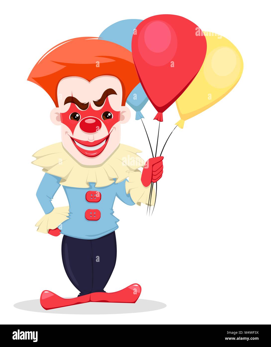 Halloween invitation or greeting card. Smiling evil clown with air balloons. Vector illustration on white background Stock Vector