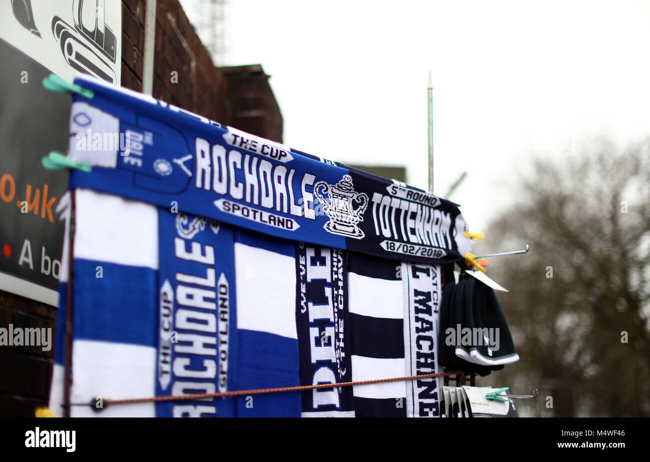 Matchday scarves on sale outside the ground before the Emirates FA Cup,  Fifth Round match at the Crown Oil Arena, Rochdale Stock Photo - Alamy