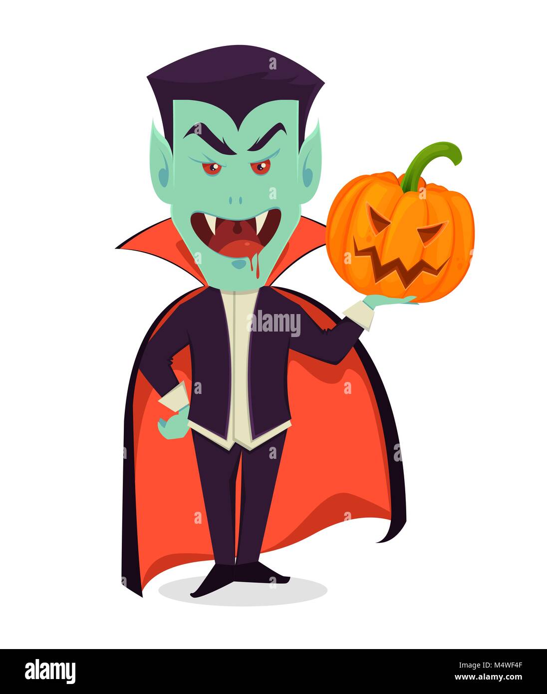 Halloween invitation or greeting card. Funny vampire holding pumpkin, cute cartoon character. Vector illustration on white background Stock Vector