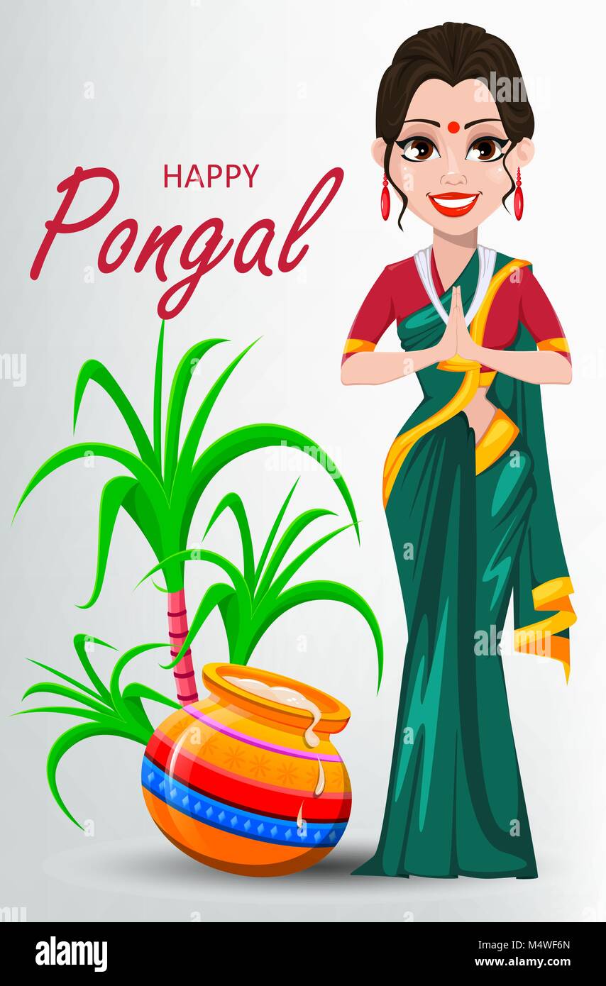 Indian girl with pot and sugarcane. Happy Pongal greeting card. Makar sankranti. Vector