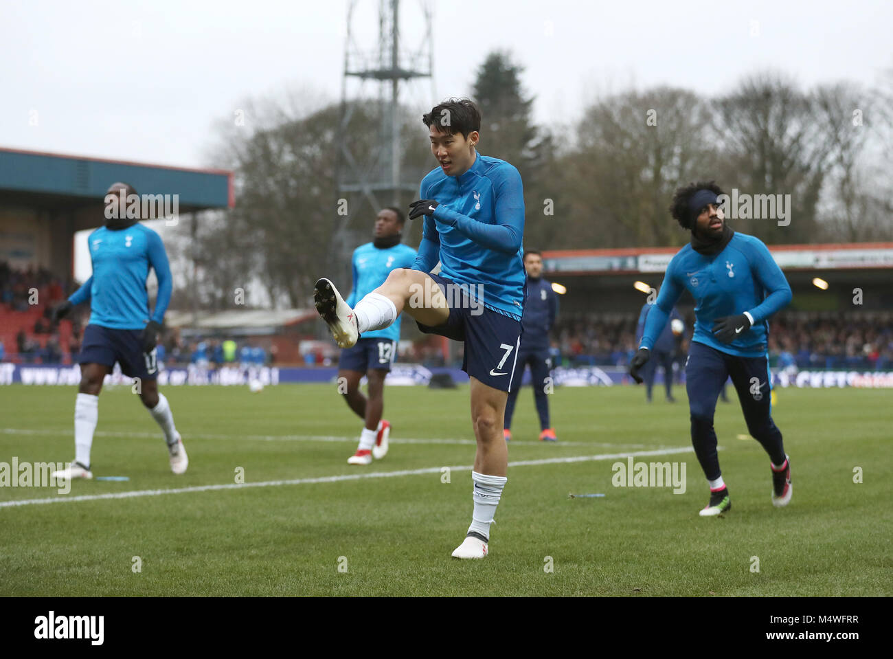Tottenham Hotspur's Son Heung-Min warming up before the Emirates FA Cup, Fifth Round match at the Crown Oil Arena, Rochdale. Stock Photo